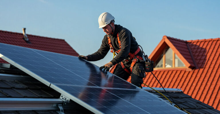 Equipe técnica realizando a instalação de energia solar em Campinas no telhado de uma empresa.